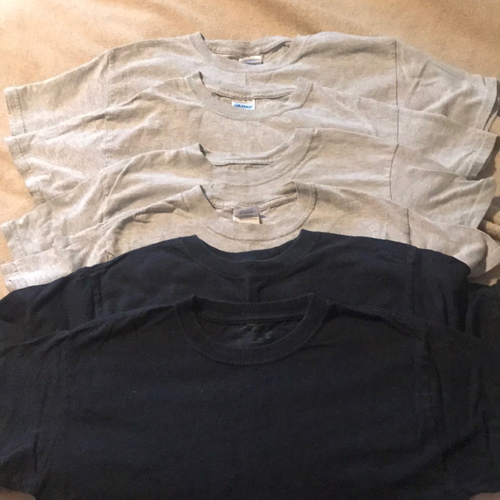 6 plain T-shirts. 4 gray t-shirts and 2 black t-shirts